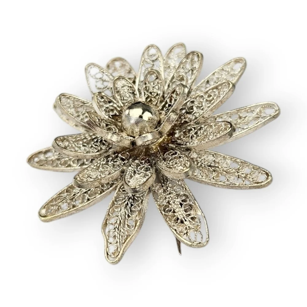 Spun Silver Filigree Flower Brooch Vintage Delicate Layered Petal Broach 1.75" - Picture 3 of 7